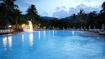 Fototapeta premium Serene Evening at a Tropical Resort Pool Surrounded by Lush Palm Trees and Soft Lighting