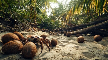 a coconut crab on sandy terrain surrounded by coconuts and driftwood. 