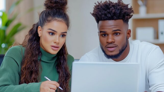 A young diverse couple collaborate intently on a laptop computer project together in their modern home office workspace while looking at the screen with focused expressions.
