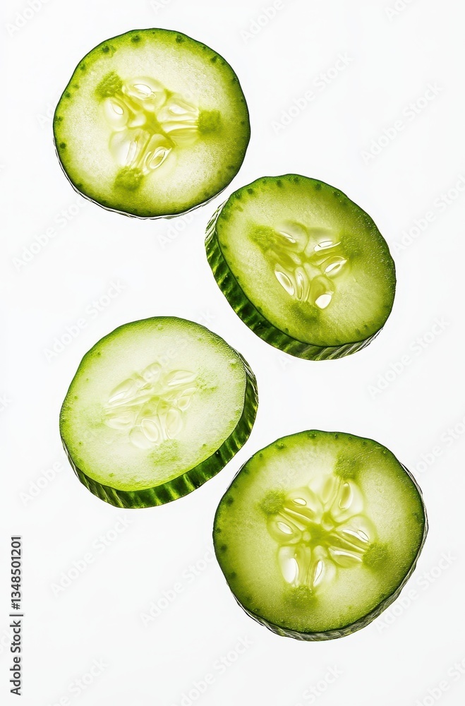 Poster fresh and crisp cucumber slices displayed on a white background for healthy food and culinary concep