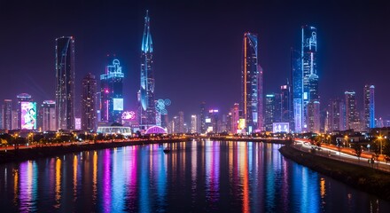 Obraz premium Cityscape at Night Reflecting Neon Lights in Water Urban Landscape
