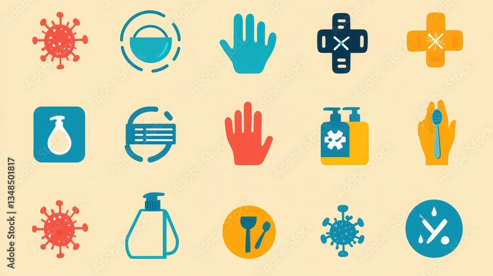 Poster a colorful and informative set of covid-related icons for use in awareness campaigns, including hand
