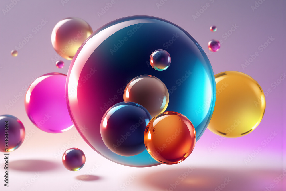 Poster colorful spheres of various sizes and vibrant colors float against a soft, light background. the com