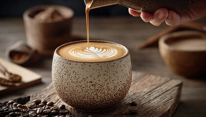 coffee lover enjoys beautifully crafted latte art in rustic setting, highlighting rich textures and warm tones