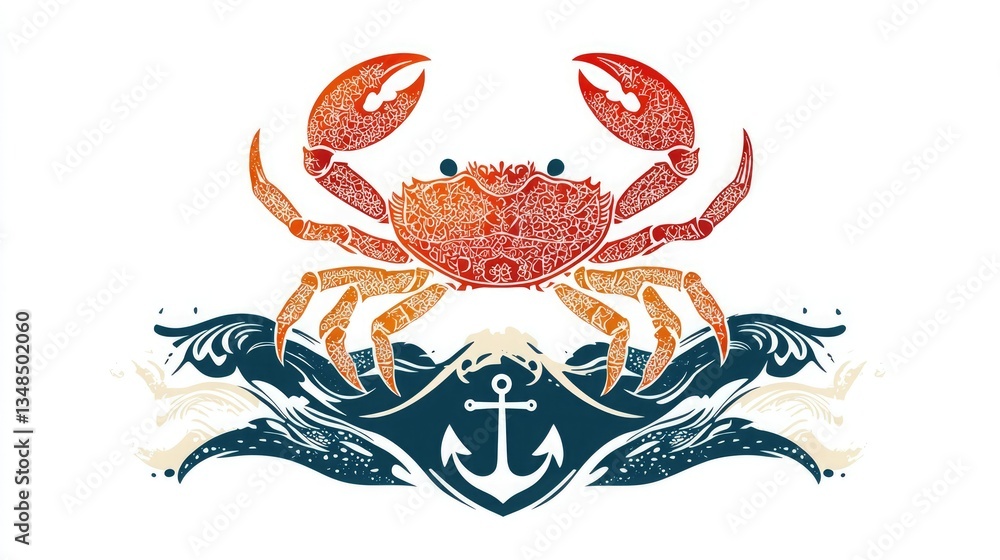 Poster A colorful vector crab icon with a nautical theme, featuring anchors and waves. 
