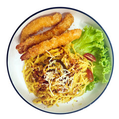 spaghetti carbonara tempura cream cabbage tomato dishes food fusion