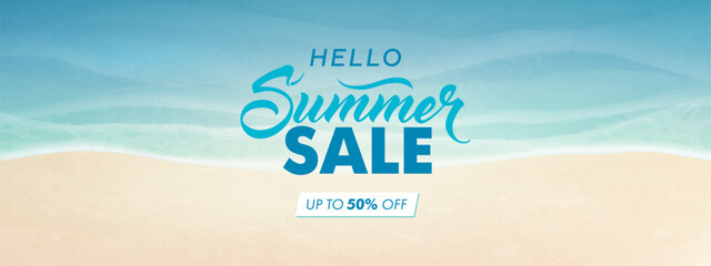 Summer sale horizontal banner. Vector beautiful realistic top view illustration of sandy summer beach