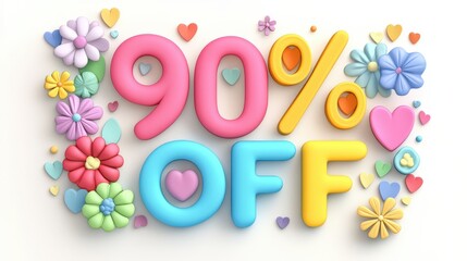 Spring Sale Banner with Colorful 3D 90% Off Text, Hearts and Flowers on White Background for Advertisement.
