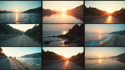 Picturesque Seaside Collage at Sunset with Beaches, Paths, and Water