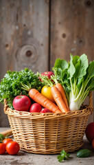 Vibrant wicker basket filled with fresh fruits and vegetables, healthy living