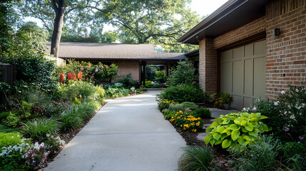 Naklejka premium Pathway Leading To A Brick Residential House With Lush Garden and Green Foliage during daytime with sunlight