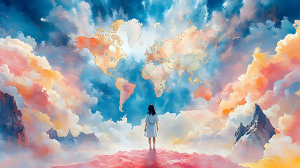 A girl looks at a cloudy map of the world with peaks, mountains, and horizons below her