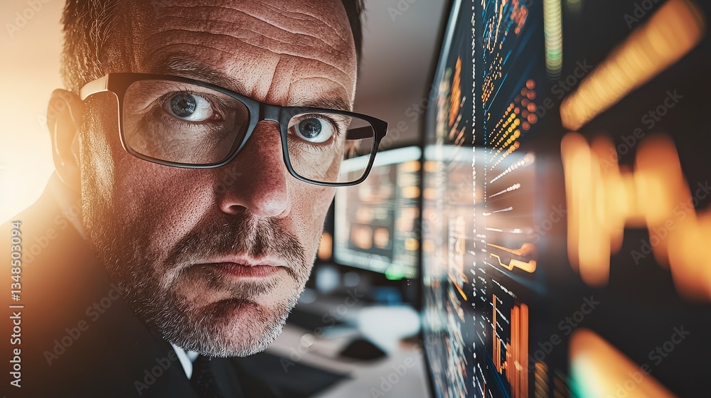 Aufkleber focused businessman analyzing data on multiple monitors