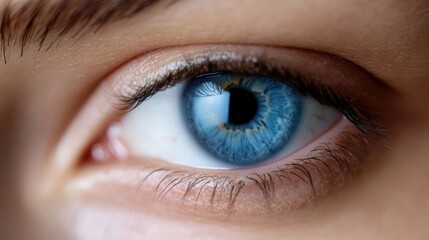 Close-up of a vibrant blue eye.  Detailed view of iris, pupil, and eyelashes