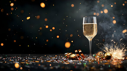Champagne Glass Against Sparkling Dark Background