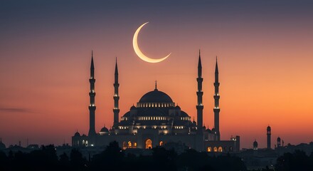 Naklejka premium Mosque and Crescent Moon at Dusk Serene Islamic Architecture Scene