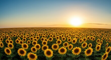 Fototapeta premium Expansive sunflower field under a vibrant sunset, showcasing nature's beauty
