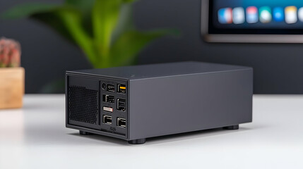 Fototapeta premium Black Mini Computer Device Displaying Ports And Interfaces On A White Table Beside A Green Plant