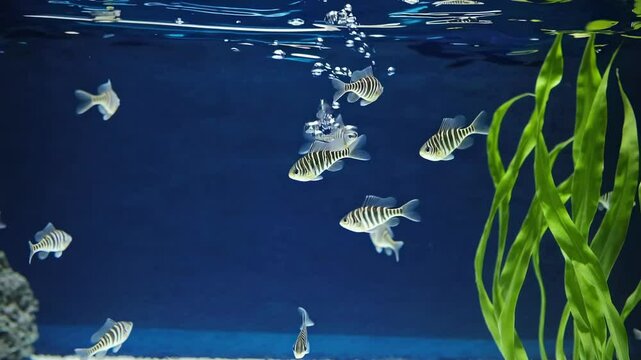 Underwater video scene of striped fish swimming near green seaweed. Captured from a side angle, showcasing a tranquil aquatic environment.