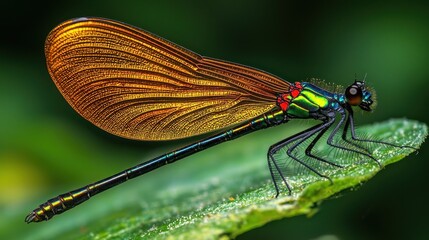 Colorful Dragonfly on Leaf, Jungle Background