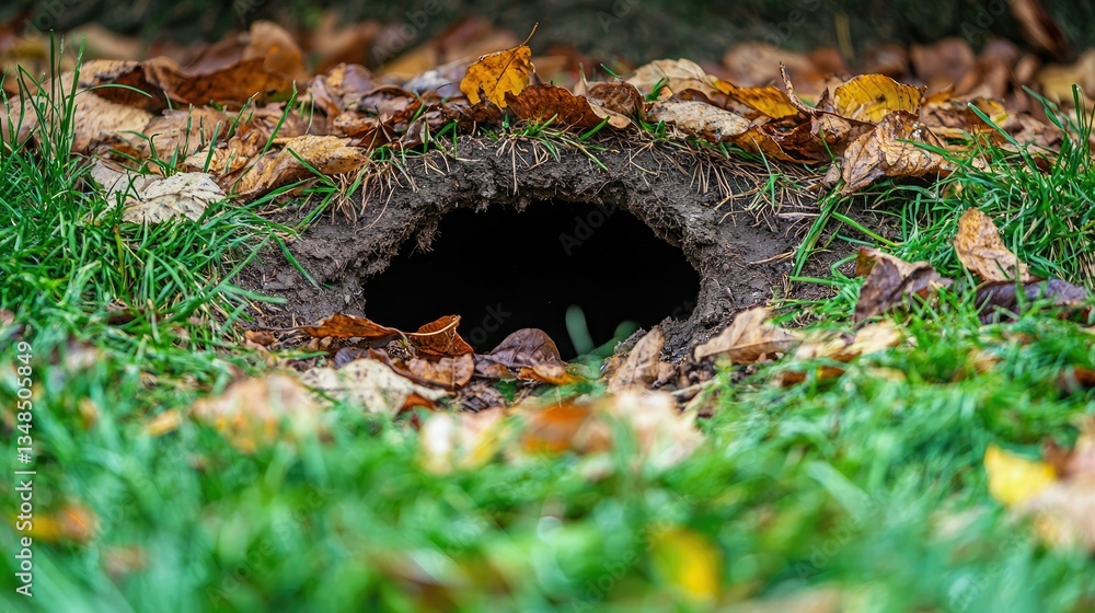 Poster a curious view of a rabbit hole in the ground, surrounded by green grass and fallen leaves.