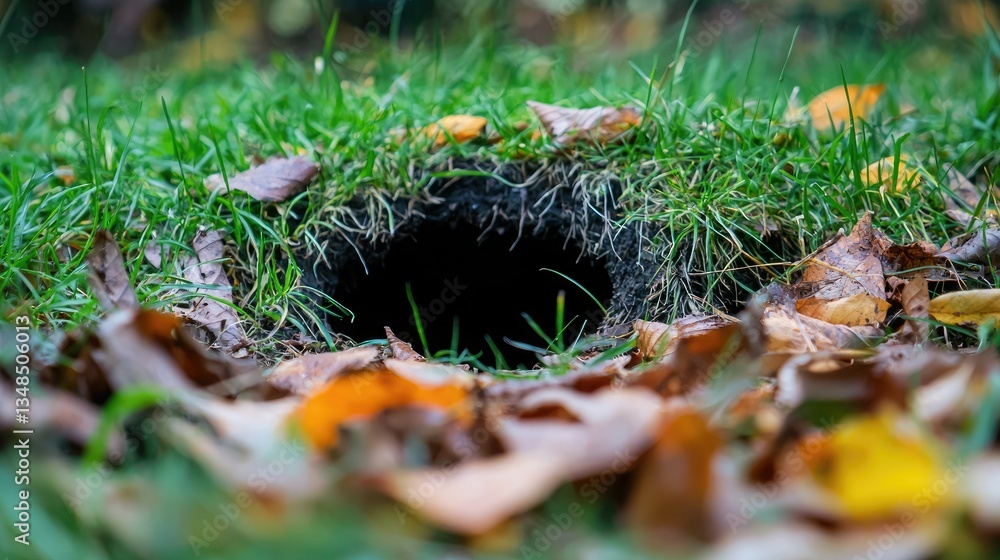 Poster a curious view of a rabbit hole in the ground, surrounded by green grass and fallen leaves.