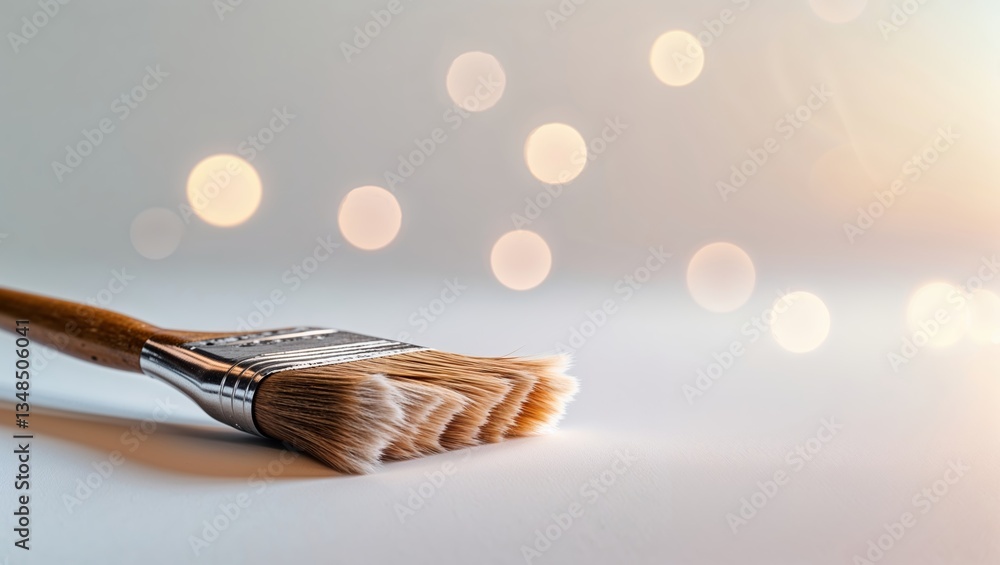 Poster close-up of a paintbrush resting on a smooth surface with soft bokeh in the background during ambien