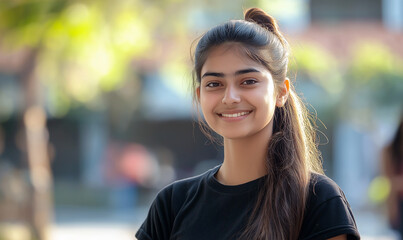 A photo of an Indian high school girl smiling and looking at the camera, wearing a black shirt with long hair tied in a ponytail. The background features a blurred Indian high school campus setting.