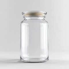 Empty glass jar with a beige lid against a white background.  Perfect for storing homemade goods or crafting supplies.
