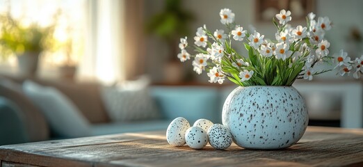 Easter Decorations in a Cozy Living Room with Orchid Pot, Eggs on Wooden Table Photo.