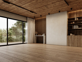 Contemporary loft empty interior with wooden ceiling, console, wood panels and decor. 3d render illustration mockup.