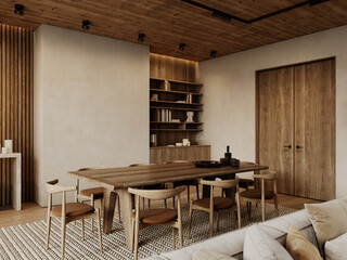 Contemporary loft interior with dining table, chairs, wooden ceiling, carpet and decor. 3d render illustration mockup.