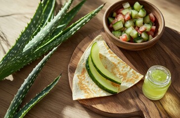 Fresh and Healthy Snack with Sliced Cucumber, Aloe Vera Plant, and Colorful Tomato Salad on Wooden Board in Natural Light