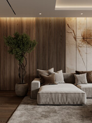 Contemporary interior with sofa, brown wood wall panels, potted tree. 3d render illustration mockup.