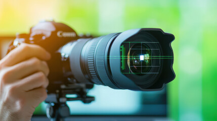 close up of hand adjusting camera lens, showcasing intricate details and focus photography. vibrant background adds creative