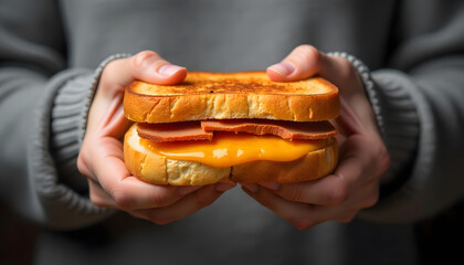 Two hands hold a sandwich in a center of an image
