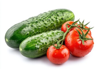 Fresh and Juicy Cucumbers and Ripe Red Tomatoes on White Background with Water Droplets, Perfect for Healthy Cooking and Nutrition Lifestyle