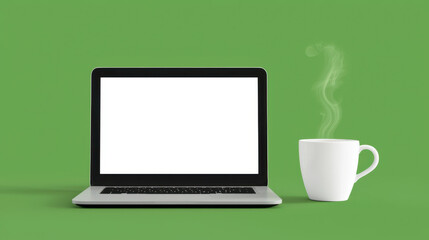 Fototapeta premium modern laptop with blank screen sits next to steaming white coffee cup vibrant green background, creating fresh and inviting