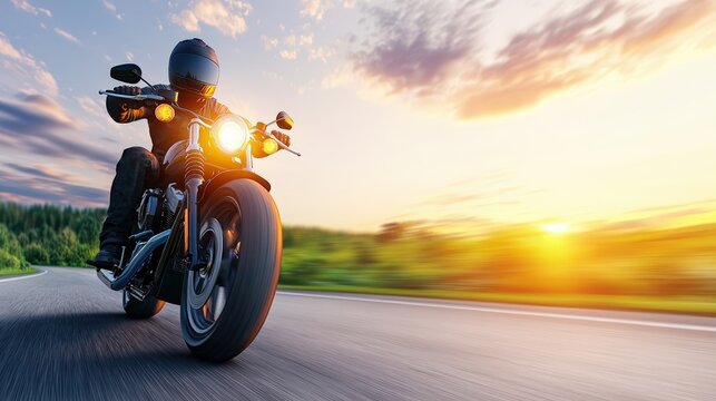 A motorcyclist rides a powerful cruiser motorcycle at sunset on a scenic country road enjoying the thrill of an open road adventure.