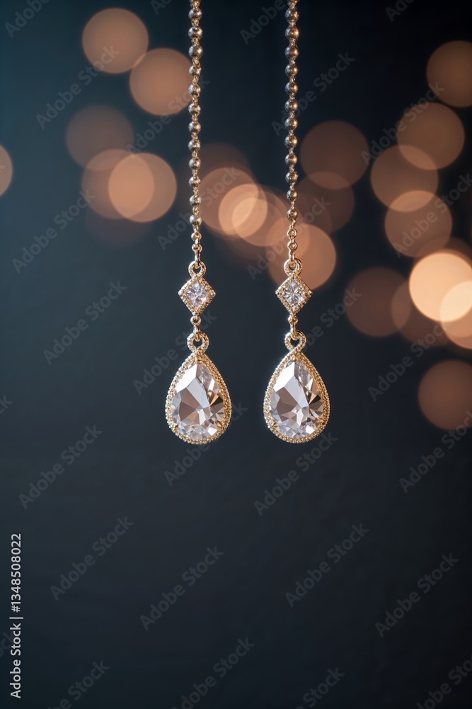 Poster Elegant drop earrings displayed against a soft bokeh background illuminated by warm lighting at an evening event