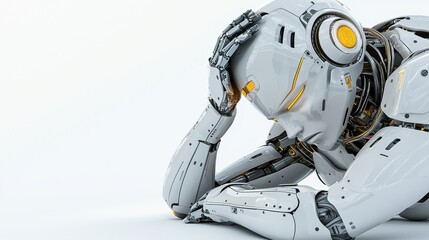 White Robot Depressed, Hands on Head, White Background