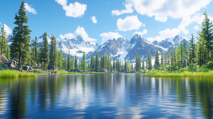 Scenic mountain lake with lush green trees and snow-capped peaks under a blue sky.