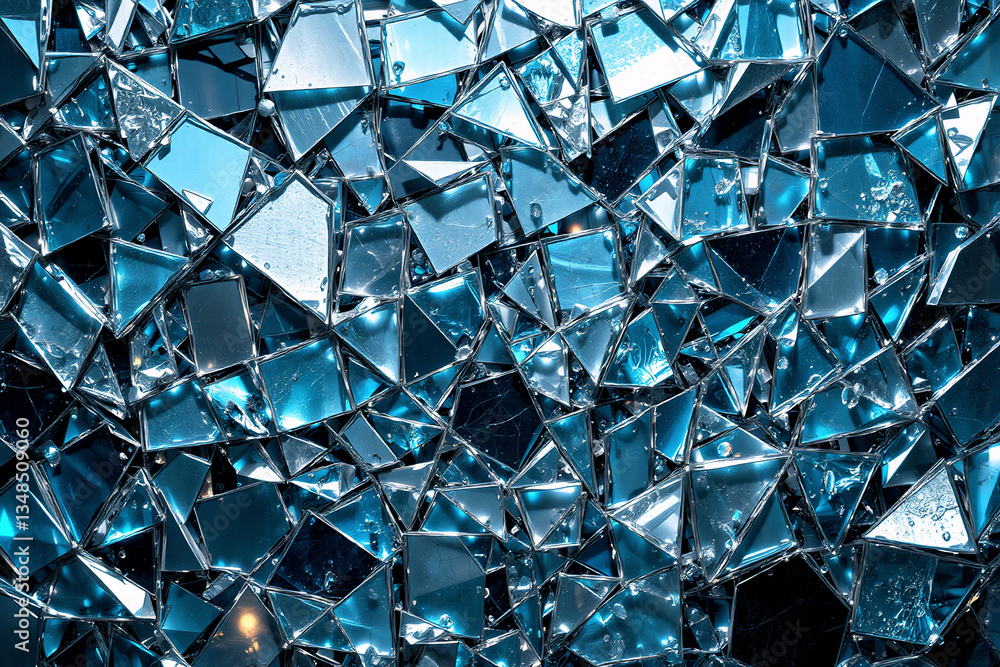 Poster irregular, reflective fragments in blue and silver create a mosaic background texture. shimmering an