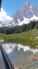 Scenic view of a clear alpine lake with snow-capped mountains and green meadows.