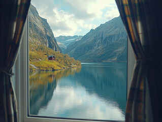 Scenic lake and mountain view from a window with curtains in a cozy cabin.