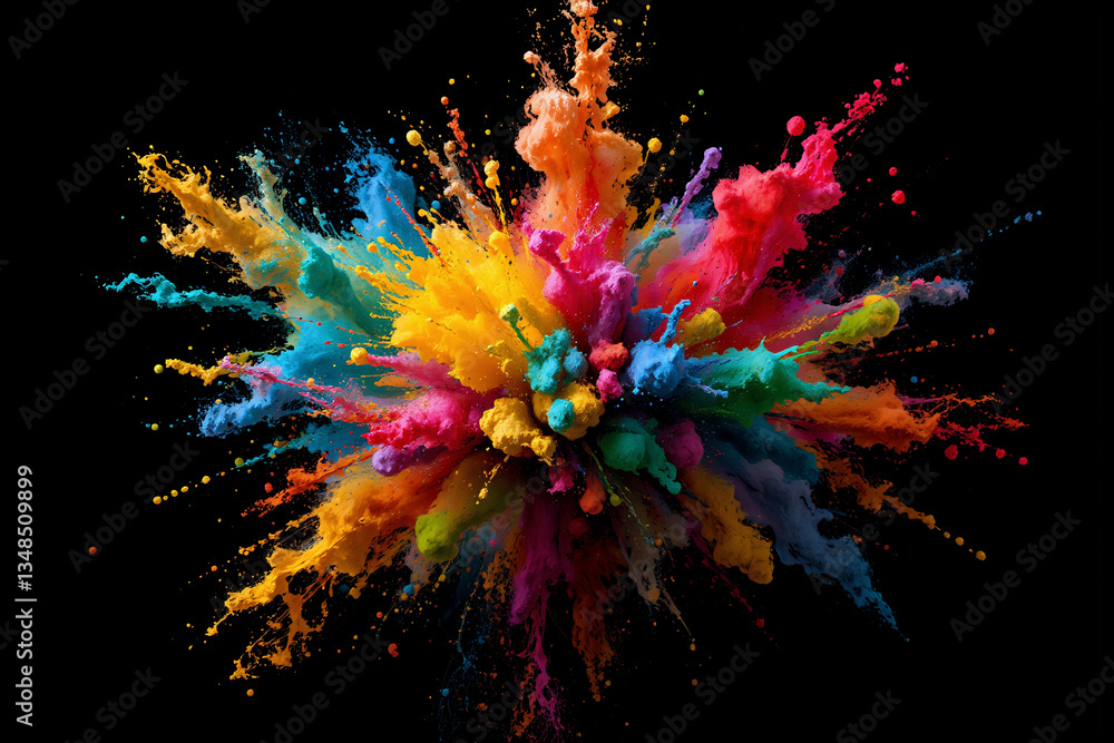 Poster vibrant explosion of rainbow colors bursts against a stark black background, creating a dynamic and 
