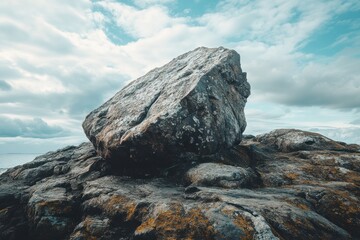 A solitary rock formation stands resilient against the dramatic coastal sky at midday
