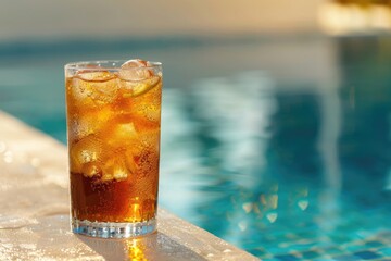 Flawless Picture of Long Island Iced Tea in Glass on Pool Side Background