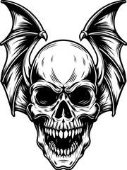 Obraz premium Gothic Dracula and vampire demons in SVG vector format. Detailed Skull with Devil Wings in Black and White Illustration