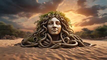 A giant Medusa head sculpture partially buried in the sand, with snakes emerging from the stone, surrounded by ancient ruins and overgrown vegetation, under a dramatic sunset sky,Generative Ai